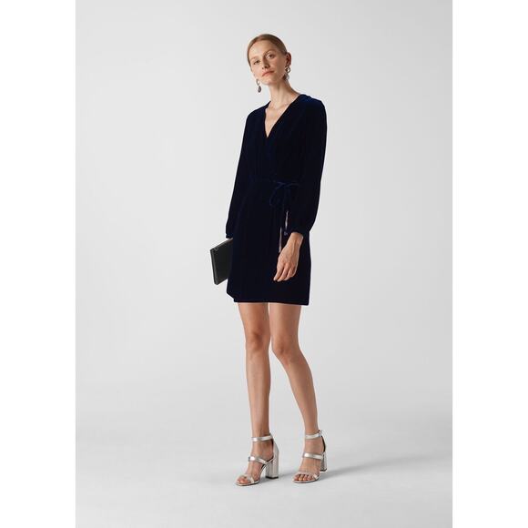 Whistles Lavone Silk Mix Velvet Wrap Mini Dress Dark Blue with tassels Sz 4 $379 - Picture 3 of 16